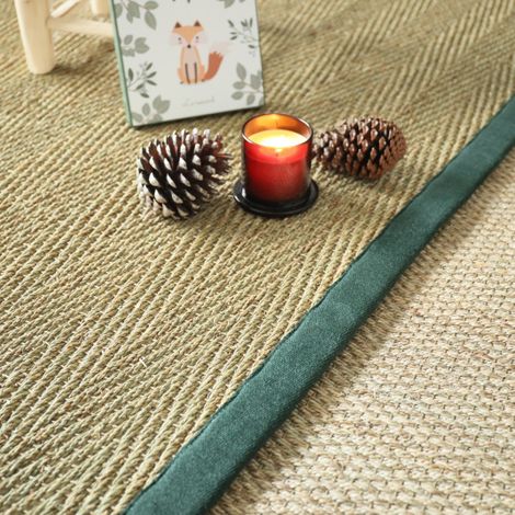 Tapis Jonc de mer - Assam chevron - Ganse lin vert sapin - 120 x 170 cm