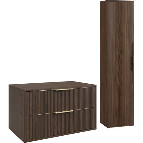 Badplaats – Meuble sous-vasque suspendu 80 cm – Noyer brun – 2 tiroirs softclose – Panneau cannelé avec poignées dorées