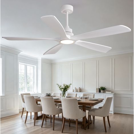 Ventilatore a soffitto 60 pollici con telecomando, 5 pale in legno massello, LED regolabile, metallo e legno bianco (1/5)