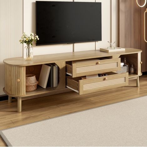 Mueble TV 170x39.5x46 cm natural en MDF y ratán con puertas correderas y cajones (1/5)