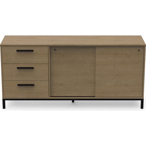 Buffet meuble de rangement 2 portes et 3 tiroirs couleur chêne / noir mat - Largeur 181 x Profondeur 44,9 x Hauteur 86 cm (1/5)
