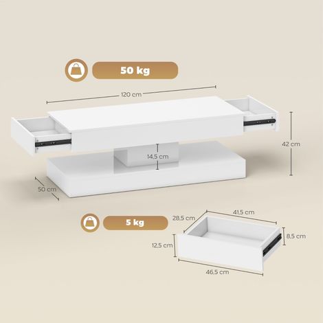 Table de salon blanche moderne avec tiroirs, éclairage LED intégré et étagère ouverte, en panneaux de particules