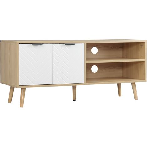 Meuble TV scandinave 110 cm, pour écran jusqu'à 46 pouces, 2 portes, 2 compartiments, passe-câbles intégré, 39 x 48,8 cm. (1/5)