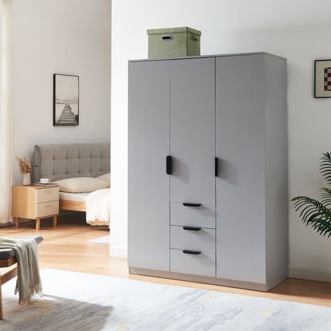 Armario Ropero Eiselfing (3 puertas 2 percheros 4 compartimentos 3 cajones) MDF 176 x 120 x 52 cm - Gris [en.casa] (1/5)