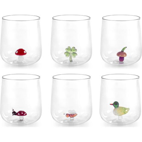 Set de 6 Verres en Verre Borosilicaté 46 cl Miniatures Internes Nature Assorties Coccinelle, Trèfle à Quatre Feuilles, Champignon (1/5)