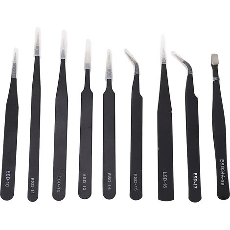 9-teiliges antistatisches Pinzetten-Sortiment aus Edelstahl, multifunktionales Pinzetten-Set für Elektronikreparaturen (1/5)