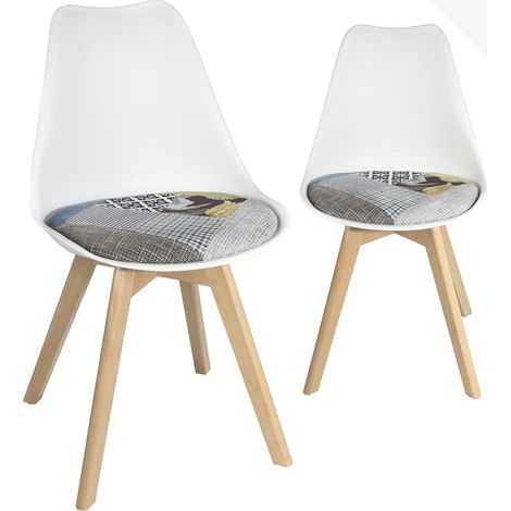 Ensemble de 2 chaises scandinaves, coussin en tissu patchwork, revêtement multicolore, pieds en bois de hêtre, coloris Light Lao (patch floral blanc) (1/5)