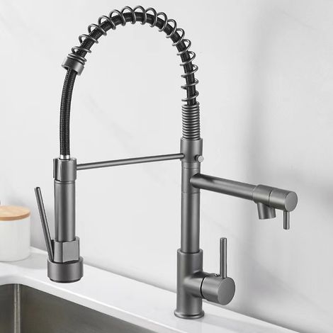 Rubinetto da Cucina con Molla a Spirale Girevole a 360° 2 Modalità di Spruzzatura, Doccetta Estraibile per Lavello da Cucina, Grigio