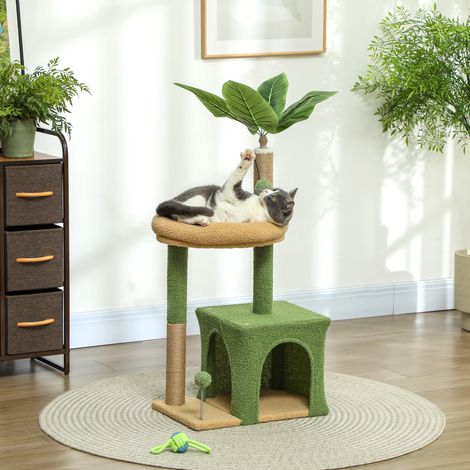 Vert et marron - Arbre à gratter pour chat avec feuille de palmier, maison de jeu, lit et 2 bales, 44x30x98 cm (1/4)