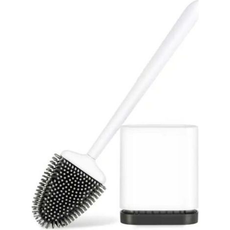 Brosse WC Silicone, Brosse de Toilette Silicone et Support, Balayette WC Suspendu Plate à Séchage Rapide avec Manche Long, Balai Toilette Salle de Bain, Autoportant/Mural, Blanc Mat