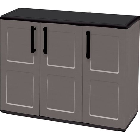 Dmora - Armadio da esterno Aranka, Mobile balcone multiuso, Armadietto outdoor 3 ante, 100% Made in Italy, 102x37h84 cm, Grigio e Nero, Finitura quadri (1/4)