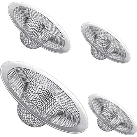 Juego de 4 filtros de fregadero de acero inoxidable de alta resistencia, se adapta a la mayoría de los fregaderos de cocina de 4,5", fregaderos de baño de 2,75" y lavabos de ducha. (1/4)