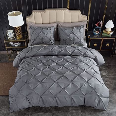 Housse de Couette, 220240cm Pintuck Grey Housse de Couette Fermeture à glissière Microfibre + 2 taies d'oreiller 5075cm - Gris (1/3)