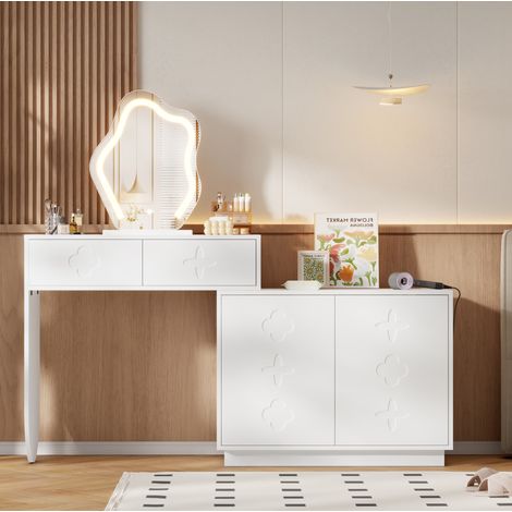 Coiffeuse 160x40x132 cm blanche en MDF et verre avec miroir LED, 2 tiroirs et meuble latéral modulable (1/5)