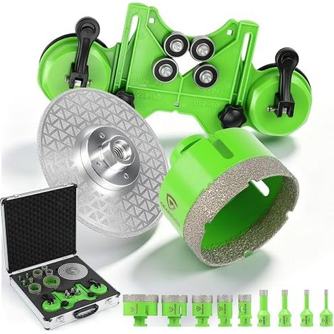 Lot de 11 forets diamantés pour carrelage 6/8/10/14/25/30/40/50/68 mm avec disque abrasif et aide au positionnement, pour carrelage, grès cérame, granit, pierre naturelle et céramique (1/5)