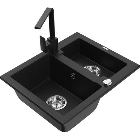 Mexen Carlos 1,5-Becken-Granitspüle mit Mischbatterie Rita, Schwarz - 6518-77-670300-70 (1/5)