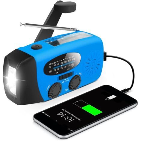 Radio à manivelle/rechargeable/solaire avec prévisions météo AM/FM/NOAA, générateur de liège manuel, banque d'alimentation pour téléphone portable 600 mAh, lampe LED pour bouteille (1/5)