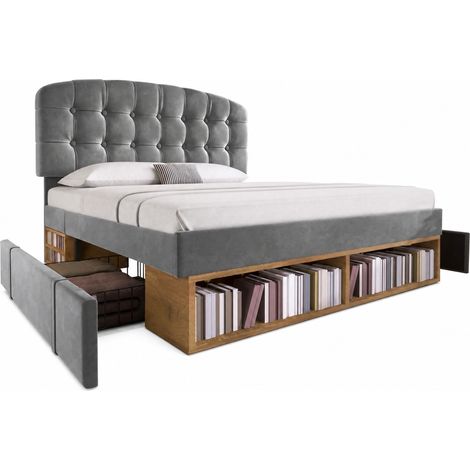 Letto matrimoniale imbottito 140 x 190 cm grigio con rete a doghe, testiera regolabile e contenitori (1/5)