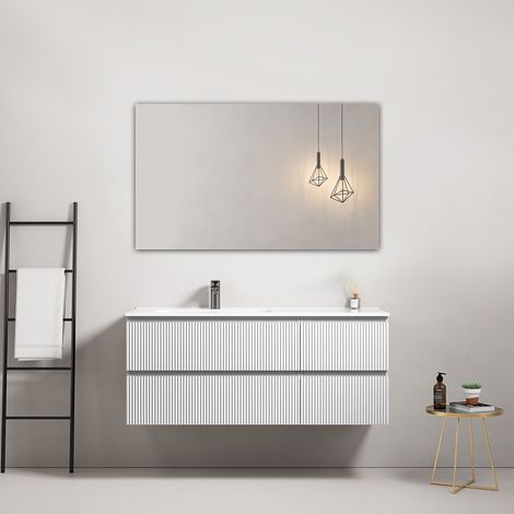 Mobile bagno sospeso cannettato 120 cm Bianco Lavabo a Sinistra in Ceramica Specchio Quadro - Fiji Paint (1/4)
