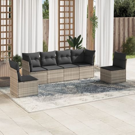 Set de sofás de jardín 6 pzas y cojines ratán sintético gris