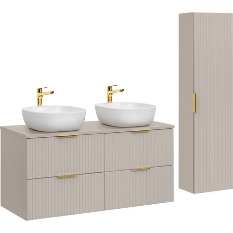 Doppelwaschtisch und Hängesäule 120cm Adriel mit 4 Schubladen, Beige