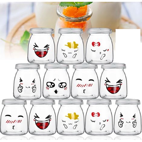 Pots à yaourt, pots à yaourt avec couvercles, petits pots en verre, jolis designs, pour préparer yaourt, pudding (150 ml x 12) (1/5)