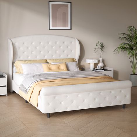 Lit 140x200, lit traîneau 140x200 cm en velours beige, cadre de lit capitonné avec tête et pied de lit boutonnés, sommier à lattes larges, pieds hauts 13 cm