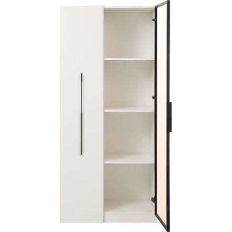 Armoire multifonction blanche 160 cm avec vitrine en verre trempé, LED et roulettes (1/5)