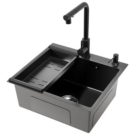 Évier Noir 50x45cm, Évier de Cuisine avec Robinet Extractible, 1 Cuvette Évier en Acier Inoxydable à Encastrer avec Égouttoir, Distributeur de Savon, Robinet Eau Chaude/Froide (1/5)