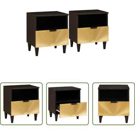 Akazienholz -  Nachttisch 2 pcs Schwarz und Gold 40 x 33 x 46 cm (1/5)