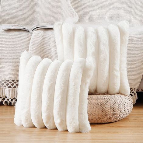 Set of two faux fur cushion covers, soft cushion covers for sofa and bedroom cushions, cream white, 45 x 45 cm (1/5)