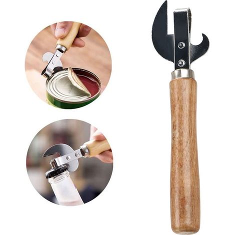 Ouvre-boîte en acier inoxydable avec manche en bois - Ouvre-bouteille pratique pour bière (1/5)