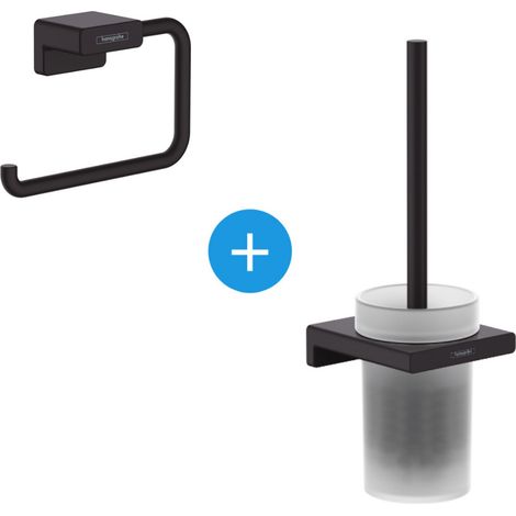 Hansgrohe AddStoris Set porta carta igienica a parete + porta scopino a parete in vetro nero opaco (41771670-Addstoris)