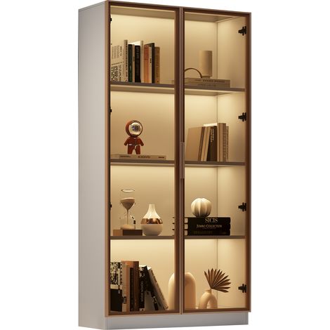Vitrine en verre avec éclairage LED. Vitrine à deux portes, avec des compartiments mobiles. Dimensions : 80×40×160 cm. Meuble de rangement pour le salon. Vitrine fixe. Meuble de toilette.