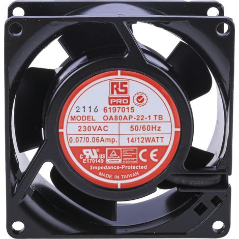 Ventilateur axial RS PRO 230 V c.a., 51m³/h, 80 x 80 x 38mm, 12W ( Prix pour 1 ) (1/3)