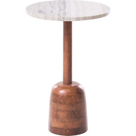 Side Table Brown Mango Wood Base with a Marble Top Modern Living Room Round HARTWELL
