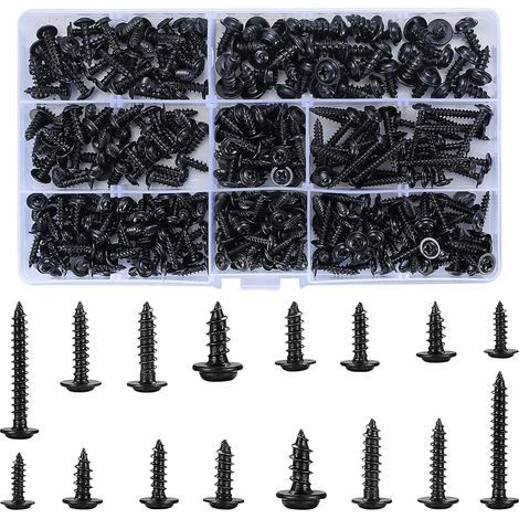 Csparkv – 340-teiliges selbstschneidendes Schraubenset aus Kohlenstoffstahl – Flach- und Rundkopf – Korrosionsbeständige schwarze Oberfläche – Für Holz und Metall (1/4)