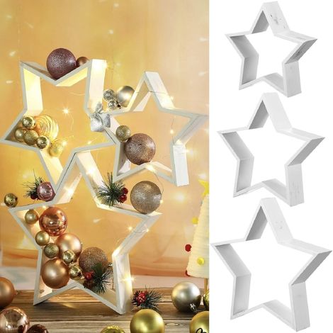 Étoile En Bois - Décoration Murale Noël - 3 Pièces Étoiles À Cinq Branches Naturelles Avec Cordes De Suspension - Pour Arbre De Noël Mur Et Cheminée (1/5)