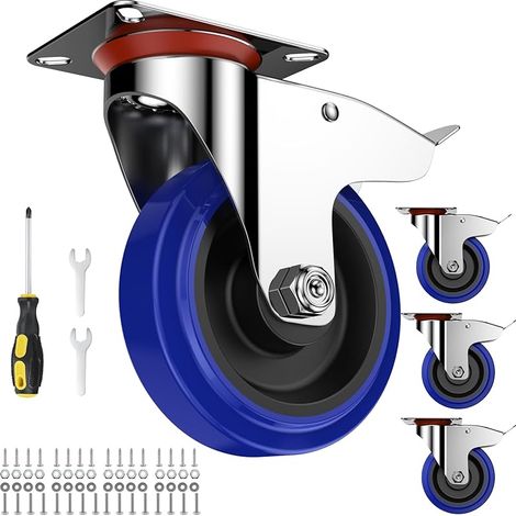 4 Roulettes Pivotantes 125mm pour Meubles avec Freins - Transport Charges Lourdes en Caoutchouc Jusqu'à 300 kg avec Accessoires de Montage - Bleu (1/5)