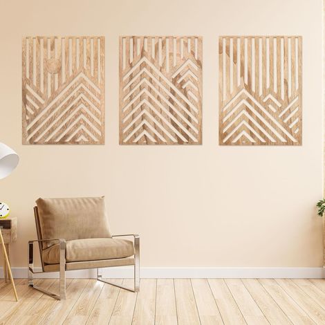 Conjunto de 3 esculturas de pared geométricas modernas de madera - Decoración de pared minimalista para interiores contemporáneos - Panel hueco tallado a mano - Decoración colgante para el hogar, pasi (1/4)