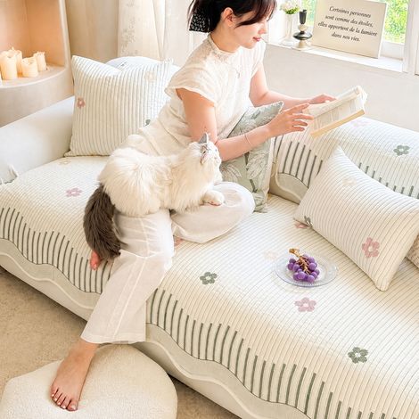 Housse de Canapé Coussin d'Assise en Coton Lavé Motif Petites Fleurs Blanc 70 x 180 cm 1 kg – Livraison gratuite