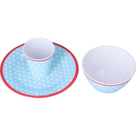 Ensemble de 3 pièces pour salade, fruits et collations : assiette, bol et tasse. À pois bleu clair. (1/5)