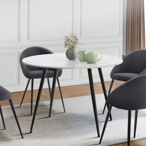 AMELIA mesa de comedor redonda 4-6 personas efecto mármol blanco ALASKA patas de metal negro 110 cm (1/5)