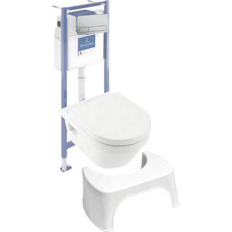 Pack inodoro sin reborde VILLEROY ET BOCH Architectura con asiento + estructura de soporte de suelo y pared Viconnect PRO + placa cromada mate + taburete blanco