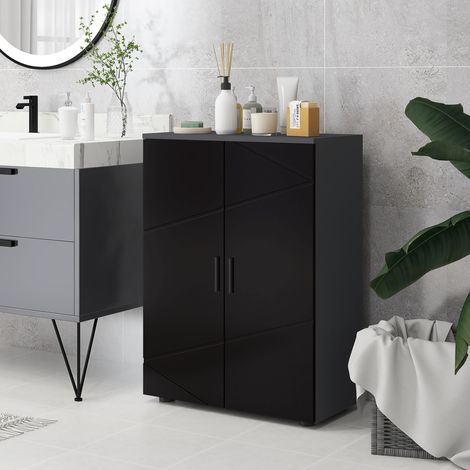 Platzsparender Badezimmerschrank aus Holz mit 2 Türen, Soft-Close-Funktion und 3 Einlegeböden, 60 x 30 x 82 cm, Hochglanzschwarz