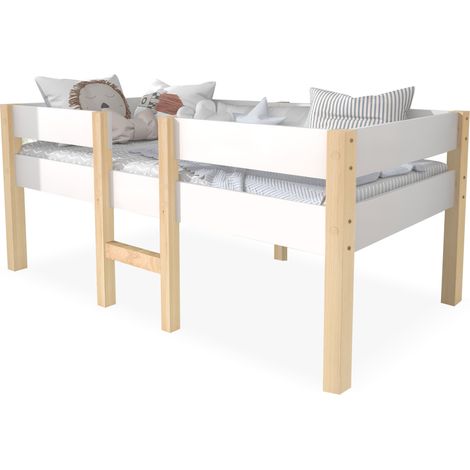 Lit mi-hauteur enfant 90 x 190 cm style scandinave avec barrière de sécurité, rangement sous le lit, bois de pin et MDF blanc - CHICFURN (1/5)