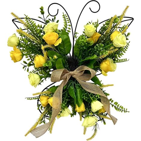 Présentoir de fleurs jaunes 40 x 36 cm, décoration de porte avec cadre en métal papillon avec accents de verdure pour entrée, salon, entretien du balcon, cadre papillon de verdure artificielle (1/5)