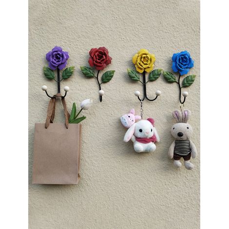 Lot en fer forgé crochets doubles fleur de rose, décoration murale sans perçage pour cuisine, salle de bain, entrée, crochets muraux blancs (1/4)