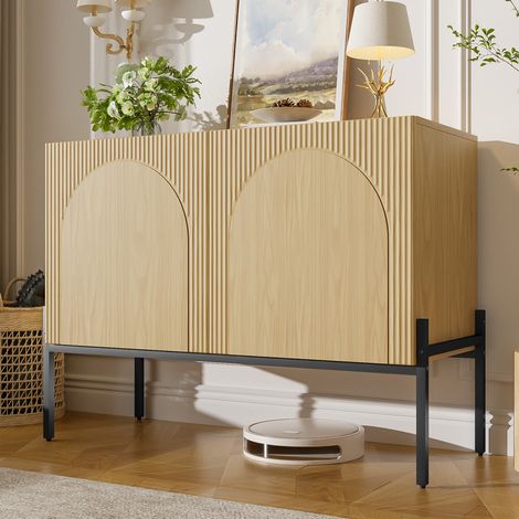 Buffet 2 portes avec pieds métalliques, design à lignes cintrées, 100 x 40 x 75 cm, naturel, OKWISH (1/5)