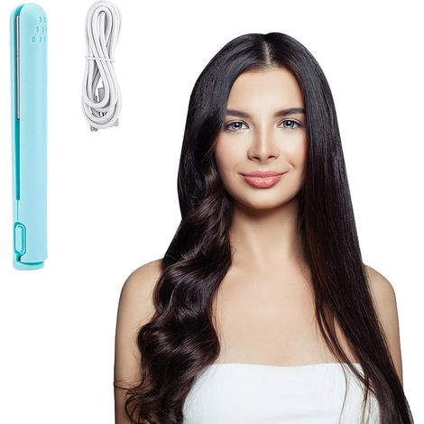 Fer à friser, 17 cm, boucles serrées, lisseur, mini fer à friser 2 en 1, portable, idéal pour les voyages, rechargeable, petit fer à friser USB, céramique, mini fer à friser, B1 bleu, taille unique (1/5)
